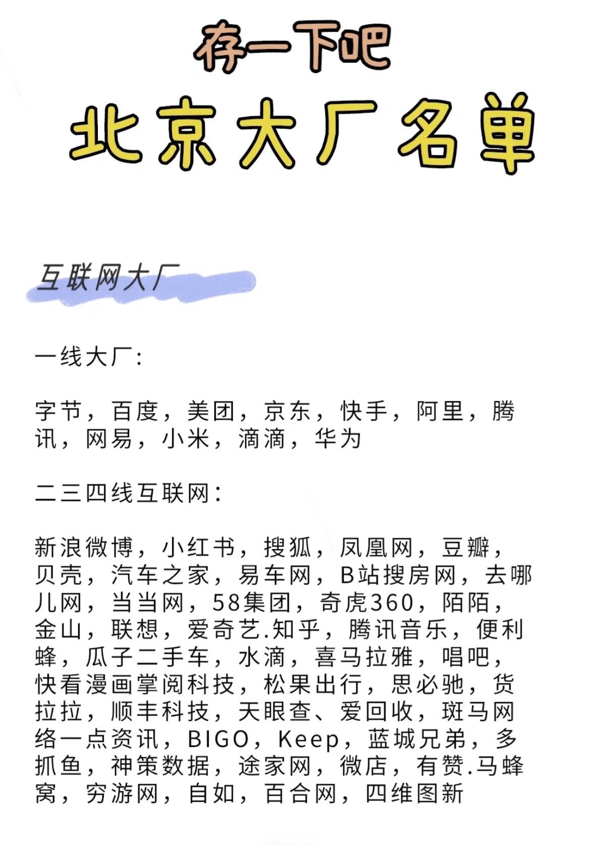 网大厂: 字节,百度,美团,京东,快手,阿里,腾讯,网易,小米,滴滴,华为